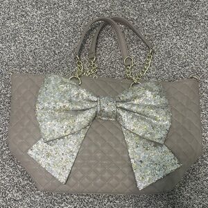 Betsey Johnson Quilted Tan Bag with Silver Sequin Bow
